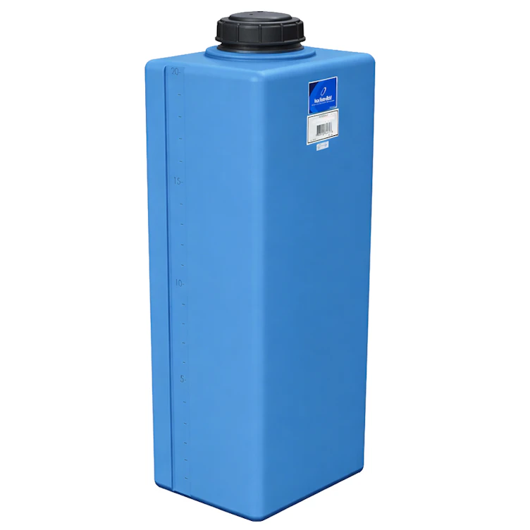 20 Gallon Blue MDPE Rectangular Flat Bottom Tank with 5" Lid & 1/2" Outlet - 15" L x 11" W x 31" Hgt.