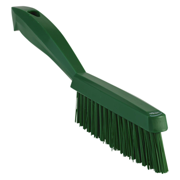 11.8" Green Polypropylene Vikan® Narrow Hand Brush with Short Handle & Extra Stiff Polyester Bristles