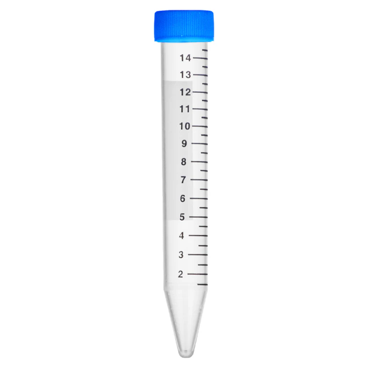 15mL Sterile Conical Bottom Natural Polypropylene EmbryoGuard™ MEA-Tested Centrifuge Tube with Blue Screw Cap & Black Graduations - 50 per Bag; 10 Bags per Case