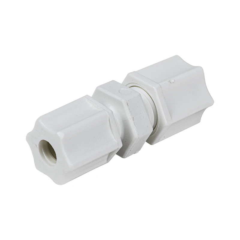5/16" OD Tube x 1/4" OD Tube Jaco Polypropylene Reducing Union Tube Fitting with Plastic Gripper - 220 psi