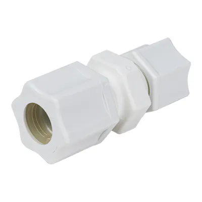 1/2" OD Tube x 3/8" OD Tube Jaco Polypropylene Reducing Union Tube Fitting with Plastic Gripper - 220 psi