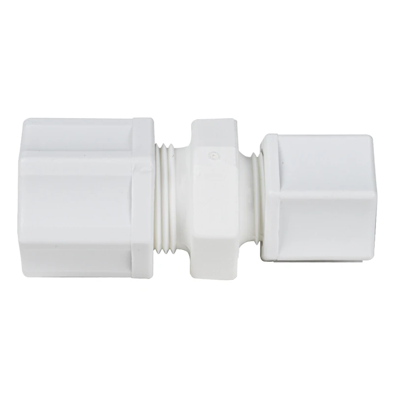 1/2" OD Tube x 3/8" OD Tube Jaco Polypropylene Reducing Union Tube Fitting with Plastic Gripper - 220 psi