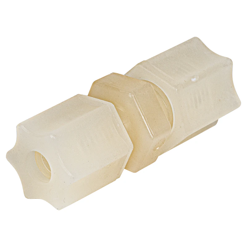 5/16" OD Tube x 1/4" OD Tube Jaco Kynar® PVDF Reducing Union Tube Fitting with Plastic Gripper - 220 psi