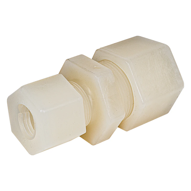 7/8" OD Tube x 5/8" OD Tube Jaco Kynar® PVDF Reducing Union Tube Fitting with Plastic Gripper - 220 psi