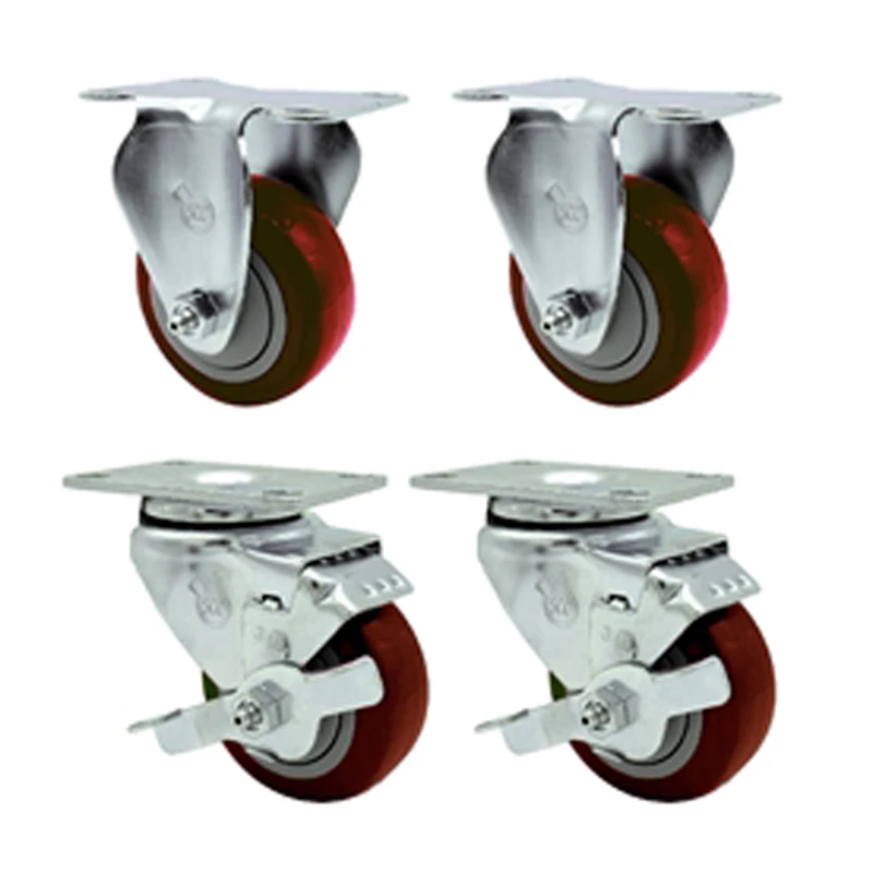 Red Polyurethane Caster with 3" OD x 1-1/4" W Wheel & Top Plate Mount - Set of 4 (2 Rigid & 2 Swivel with Brake)