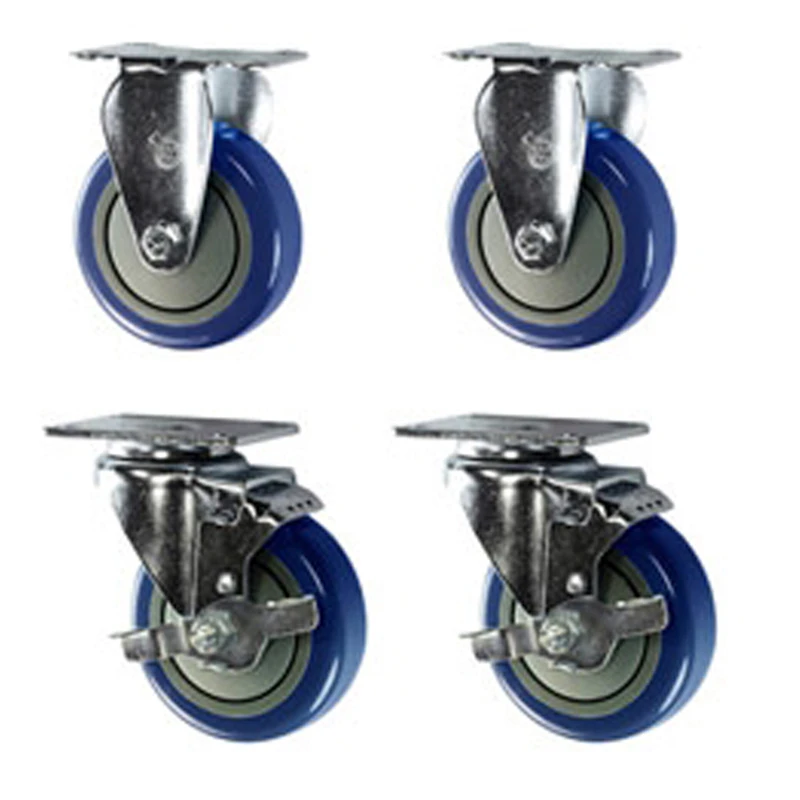 Blue Polyurethane Caster with 4" OD x 1-1/4" W Wheel & Top Plate Mount - Set of 4 (2 Rigid & 2 Swivel with Brake)