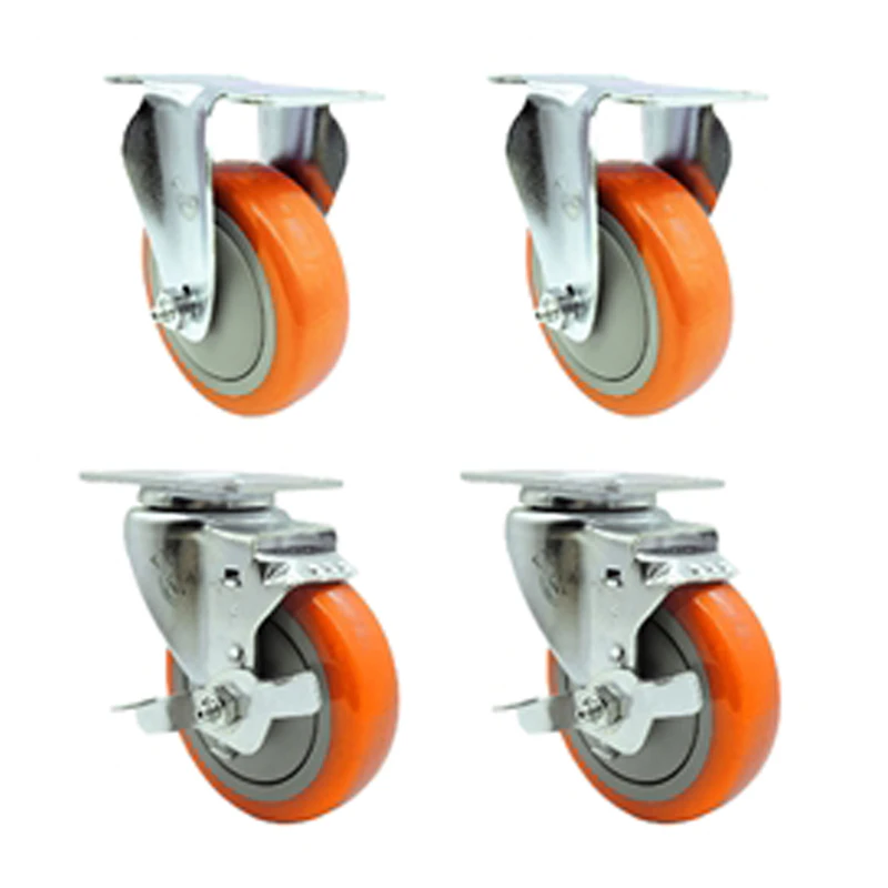 Orange Polyurethane Caster with 4" OD x 1-1/4" W Wheel & Top Plate Mount - Set of 4 (2 Rigid & 2 Swivel with Brake)