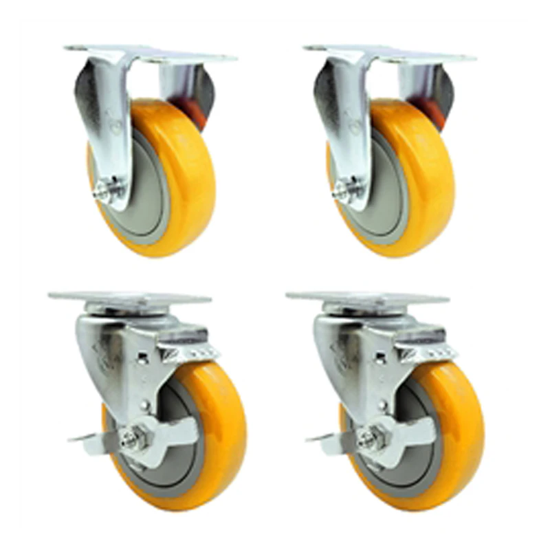 Yellow Polyurethane Caster with 4" OD x 1-1/4" W Wheel & Top Plate Mount - Set of 4 (2 Rigid & 2 Swivel with Brake)