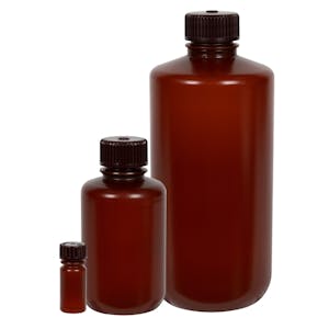 Thermo Scientific™ Nalgene™ Narrow Mouth Translucent Amber HDPE Packaging Bottles with Caps