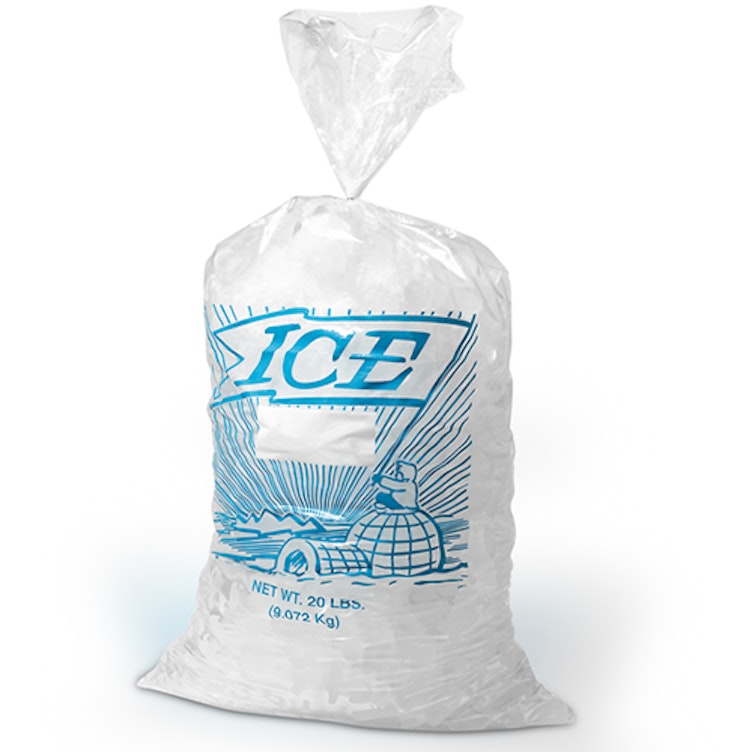 13.5" x 28" x 1.75 mil 20 lbs. LDPE Imprinted "ICE" Bags