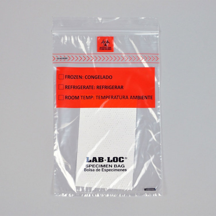 6" x 9" x 1.75mil Lab-Loc® Specimen Bags with Removable Biohazard Symbol- contain Absorbent Pad- Clear