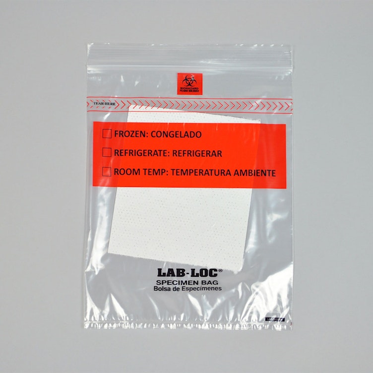 8" x 10" x 1.75mil Lab-Loc® Specimen Bags with Removable Biohazard Symbol- contain Absorbent Pad- Clear