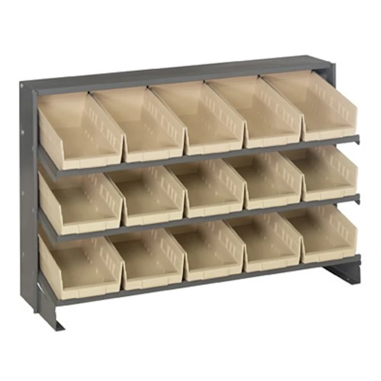 Bench Rack Sloped Shelving Systems with 15 Ivory Bins