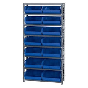 12" W x 36" L x 75" Hgt. Storage Unit w/8 Shelves & 8 Blue Bins 14-3/4" L x 16-1/2" W x 7" Hgt.