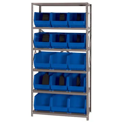 18" W x 36" L x 75" Hgt. Storage Unit w/6 Shelves & 15 Blue Bins 18" L x 11" W x 10" Hgt.