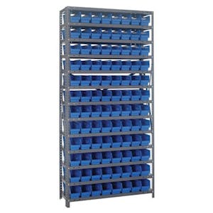 12" W x 36" L x 75" Hgt. Unit with 13 Shelves & 96 Blue Bins 11-7/8" L x 4-1/8" W x 4" Hgt.