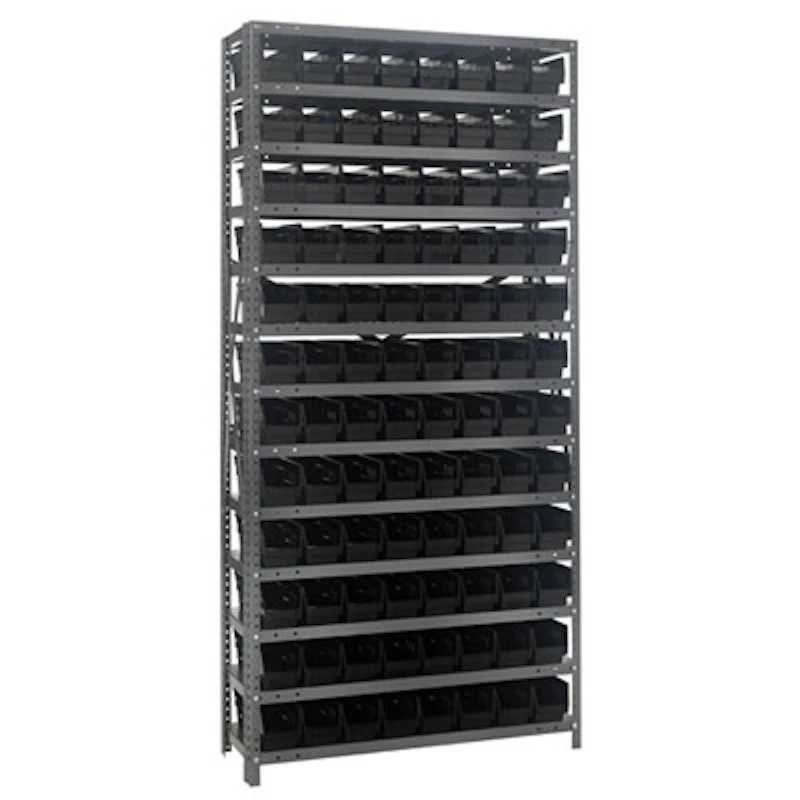 12" W x 36" L x 75" Hgt. Unit with 13 Shelves & 96 Black Bins 11-7/8" L x 4-1/8" W x 4" Hgt.