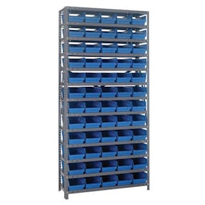 12" W x 36" L x 75" Hgt. Unit with 13 Shelves & 60 Blue Bins 11-5/8" L x 6-5/8" W x 4" Hgt.