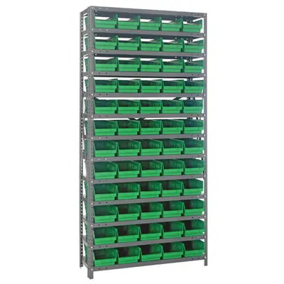 12" W x 36" L x 75" Hgt. Unit with 13 Shelves & 60 Green Bins 11-5/8" L x 6-5/8" W x 4" Hgt.