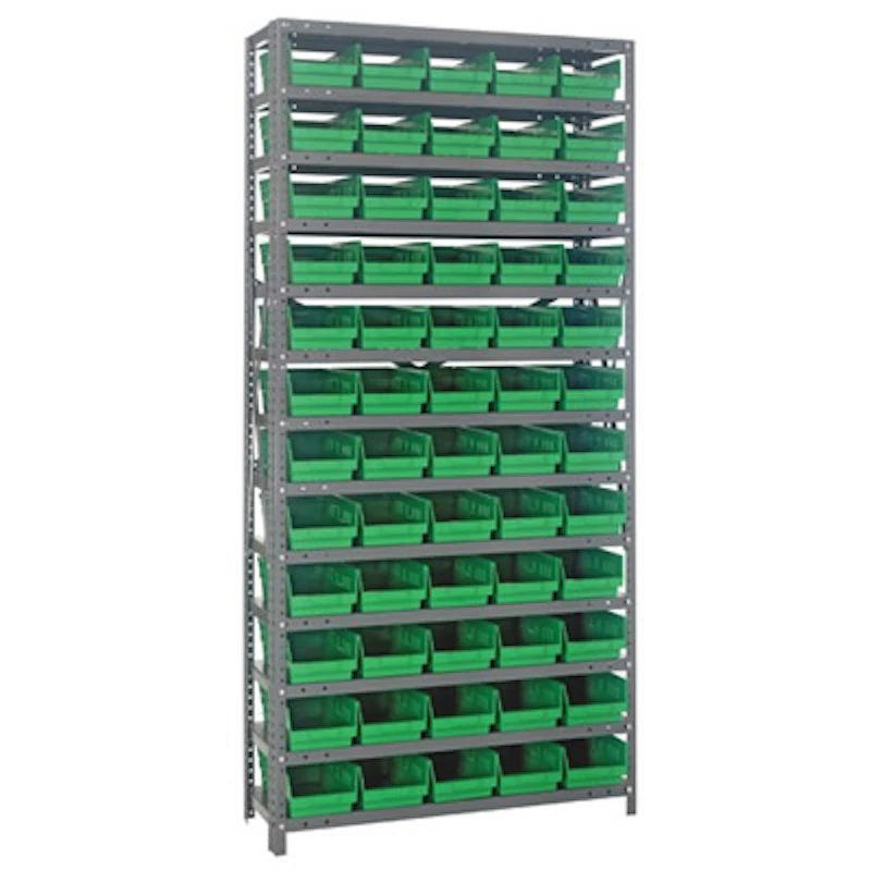 12" W x 36" L x 75" Hgt. Unit with 13 Shelves & 60 Green Bins 11-5/8" L x 6-5/8" W x 4" Hgt.