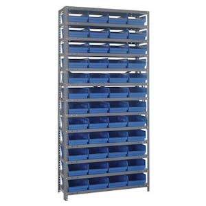 12" W x 36" L x 75" Hgt. Unit with 13 Shelves & 48 Blue Bins 11-5/8" L x 8-3/8" W x 4" Hgt.