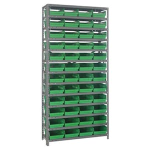 12" W x 36" L x 75" Hgt. Unit with 13 Shelves & 48 Green Bins 11-5/8" L x 8-3/8" W x 4" Hgt.