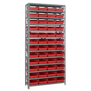 12" W x 36" L x 75" Hgt. Unit with 13 Shelves & 48 Red Bins 11-5/8" L x 8-3/8" W x 4" Hgt.