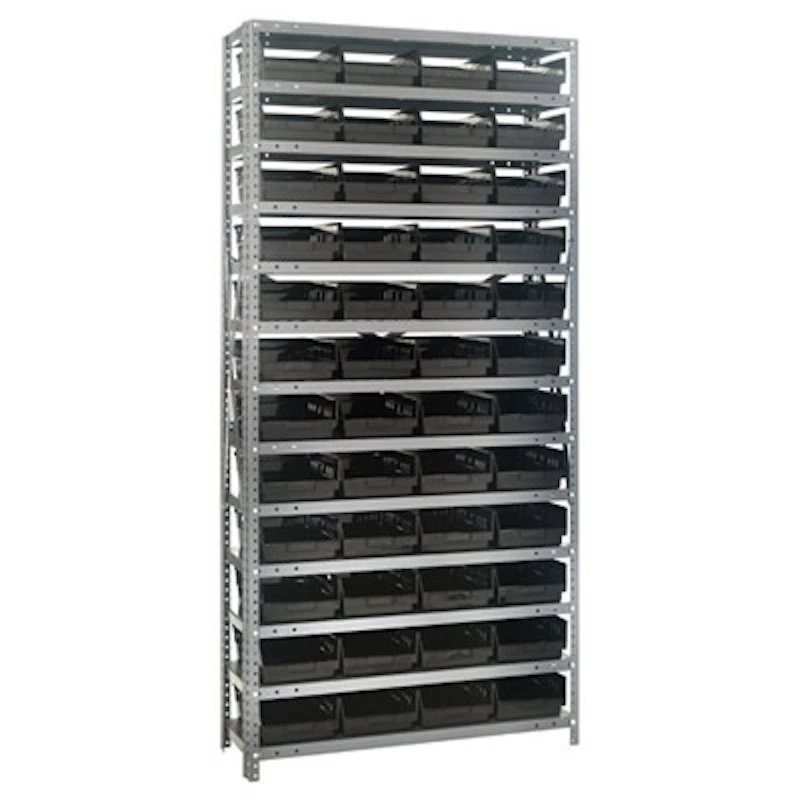 12" W x 36" L x 75" Hgt. Unit with 13 Shelves & 48 Black Bins 11-5/8" L x 8-3/8" W x 4" Hgt.