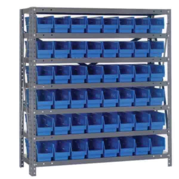 12" W x 36" L x 39" Hgt. Unit with 7 Shelves & 48 Blue Bins 11-7/8" L x 4-1/8" W x 4" Hgt.