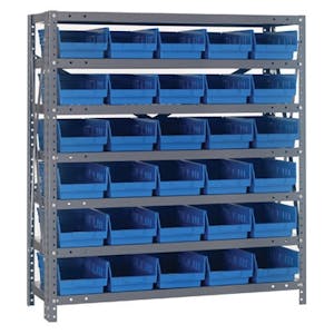 12" W x 36" L x 39" Hgt. Unit with 7 Shelves & 30 Blue Bins 11-7/8" L x 6-5/8" W x 4" Hgt.