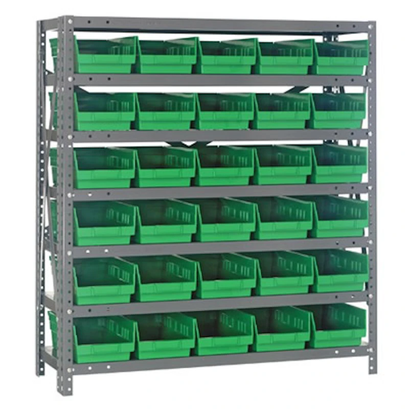 12" W x 36" L x 39" Hgt. Unit with 7 Shelves & 30 Green Bins 11-7/8" L x 6-5/8" W x 4" Hgt.