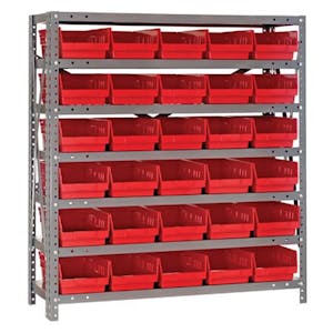 12" W x 36" L x 39" Hgt. Unit with 7 Shelves & 30 Red Bins 11-7/8" L x 6-5/8" W x 4" Hgt.