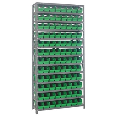 18" W x 36" L x 75" Hgt. Unit with 13 Shelves & 96 Green Bins 17-7/8" L x 4-1/8" W x 4" Hgt.