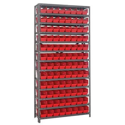 18" W x 36" L x 75" Hgt. Unit with 13 Shelves & 96 Red Bins 17-7/8" L x 4-1/8" W x 4" Hgt.