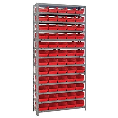 18" W x 36" L x 75" Hgt. Unit with 13 Shelves & 60 Red Bins 17-7/8" L x 6-5/8" W x 4" Hgt.