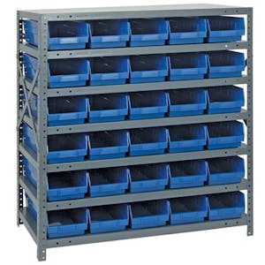 18" W x 36" L x 39" Hgt. Unit with 7 Shelves & 30 Blue Bins 17-7/8" L x 6-5/8" W x 4" Hgt.