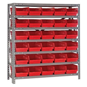 18" W x 36" L x 39" Hgt. Unit with 7 Shelves & 30 Red Bins 17-7/8" L x 6-5/8" W x 4" Hgt.