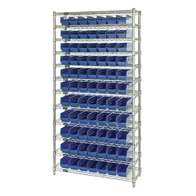 Shelf Bin System with 12 Shelves & 77 Blue Bins 17-7/8" L x 4-1/8" W x 4" Hgt.