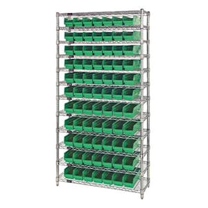 Shelf Bin System with 12 Shelves & 77 Green Bins 17-7/8" L x 4-1/8" W x 4" Hgt.