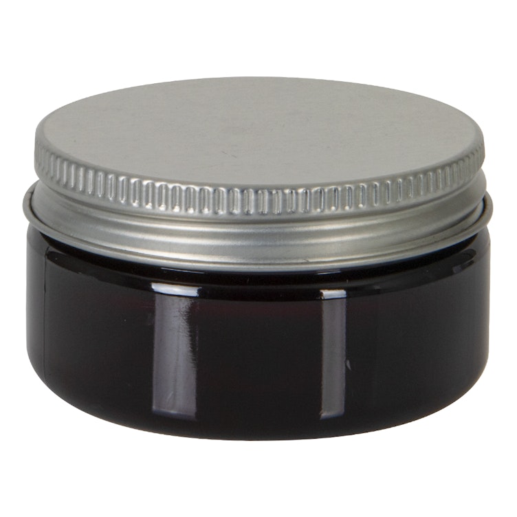 2 oz. Amber PET Straight-Sided Round Jar with 58/400 Brushed Silver Aluminum Cap with Foam Liner
