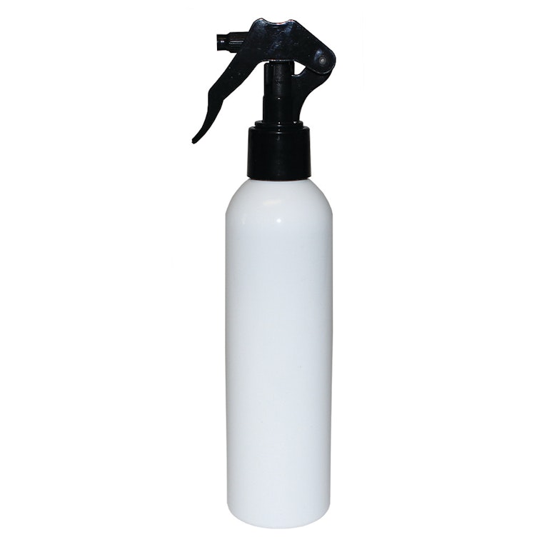 8 oz. White PET Bullet Spray Bottle with Black Polypropylene Micro Sprayer