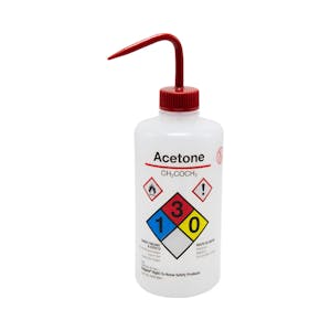 16 oz./500mL Acetone Nalgene™ Right-To-Know Safety Wash Bottle with Red Dispensing Nozzle