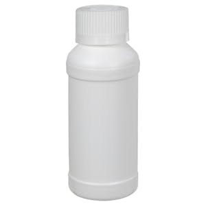 4 oz. White HDPE Modern Round Bottle with 28/410 White Ribbed CRC Cap with F217 Liner