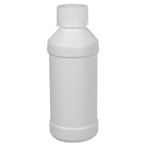 8 oz. White HDPE Modern Round Bottle with 28/410 White Ribbed CRC Cap with F217 Liner