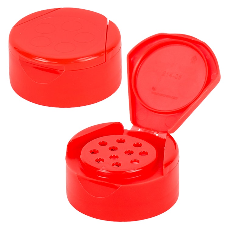 63/485 32 oz. Rectangular Plastic Spice Container and Red Induction-Lined  Dual Flapper Lid with 7 Holes