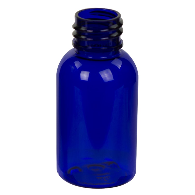 1 oz. Cobalt Blue PET Squat Boston Round Bottle with 20/410 Neck (Cap Sold Separately)