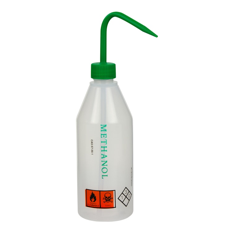 500mL Methanol Labeled Sloping Shoulder Wash Bottle with Green Dispensing Nozzle