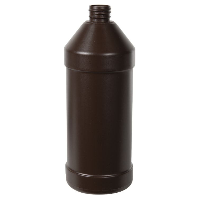 32 oz. Brown HDPE Modern Round Bottle with 28/410 Neck (Cap Sold Separately)