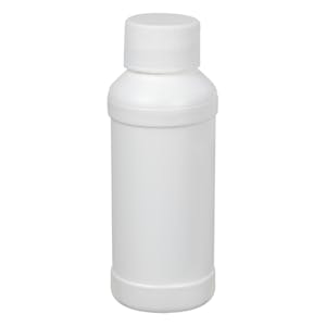4 oz. White HDPE Modern Round Bottle with 28/410 White Ribbed Cap with F217 Liner