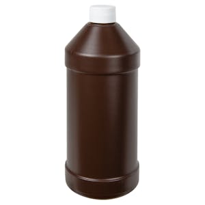32 oz. Brown HDPE Modern Round Bottle with 28/410 White Ribbed Cap with F217 Liner